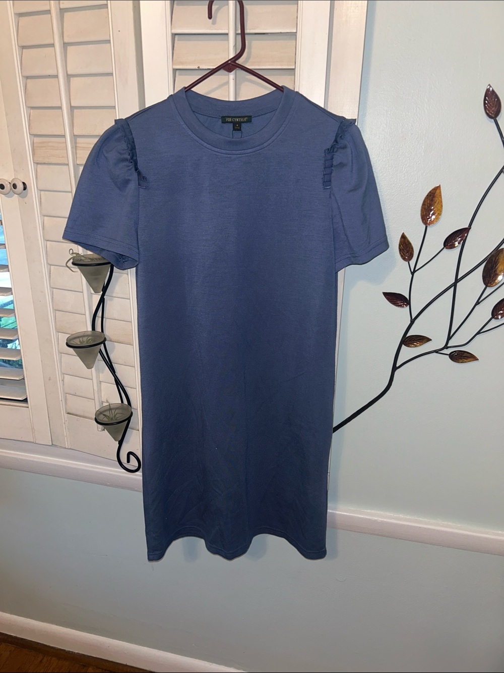 For Cynthia Periwinkle Short Sleeve Knit Tee with Subtle Shoulder Ruffles